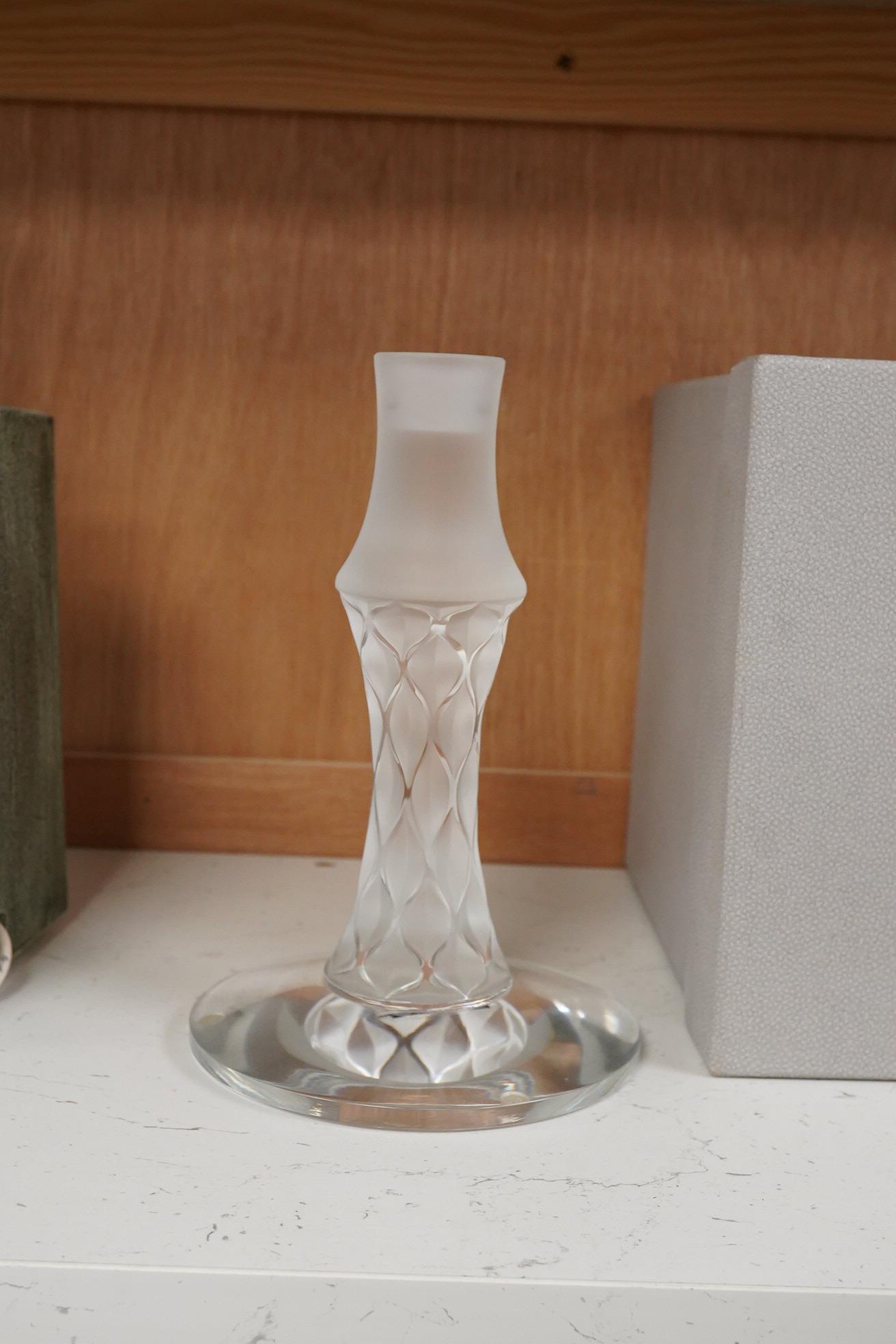 A modern Lalique glass candlestick, signed to the base, with original box, 20cm high